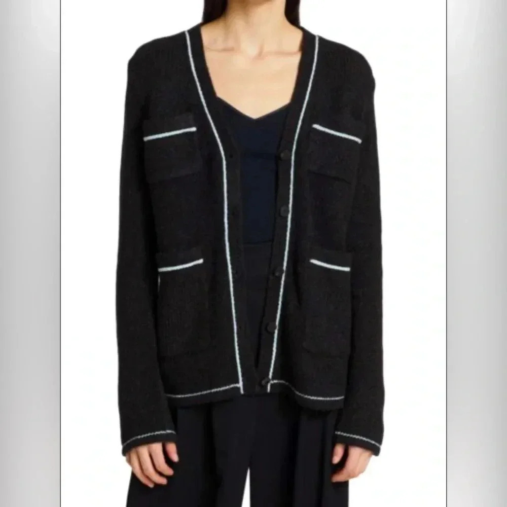 THEORY Contrast-Trim Knit Alpaca Ultra Soft Charcoal Grey Cardigan Sweater Large